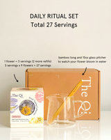 Daily Ritual Set includes flower tea, glass pitcher, and bamboo tong for a relaxing spa experience at home.