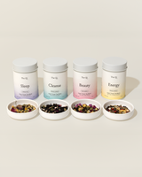 Complete functional tea set featuring Sleep, Cleanse, Beauty, and Energy teas with botanicals for wellness.