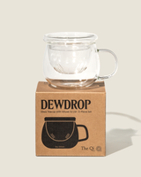 Dewdrop Cup and box featuring a removable strainer and lid, perfect for enjoying blooming teas and loose leaf teas.