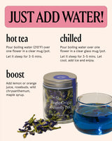 Instructions for making tea with Single Origin Butterfly Pea flowers and tips to boost flavor.