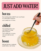 Instructions for making Royal Chrysanthemum tea with boiling water, including hot, chilled, and boosted options.