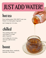 Instructions for making Blue Lotus Flower Tea: hot tea, chilled, or boosted with ingredients.