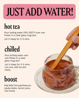 Instructions for brewing Shangri-la Rose Tea, steps for hot tea, chilled tea, and boosting flavor.