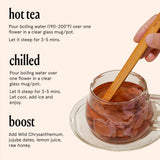 Instructions for brewing Shangri-la Rose Tea, steps for hot tea, chilled tea, and boosting flavor.