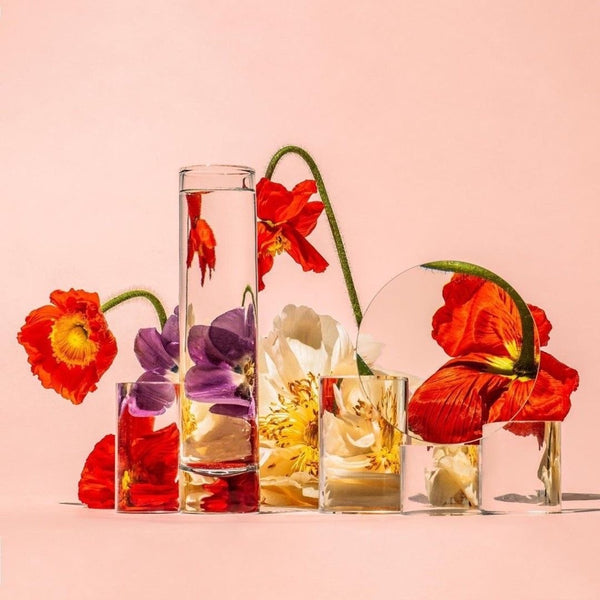 Glasses displaying various flowers