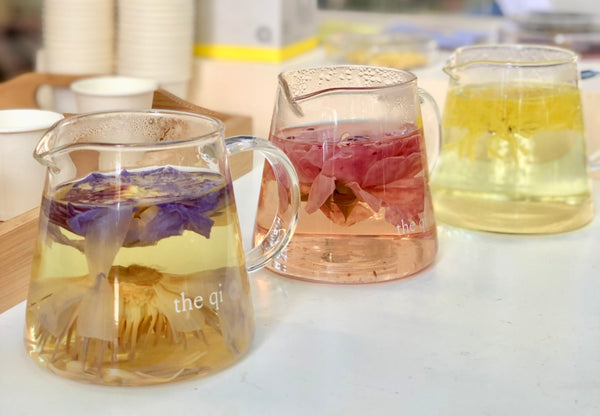 Various Flower Teas in Glass Serving Teapots